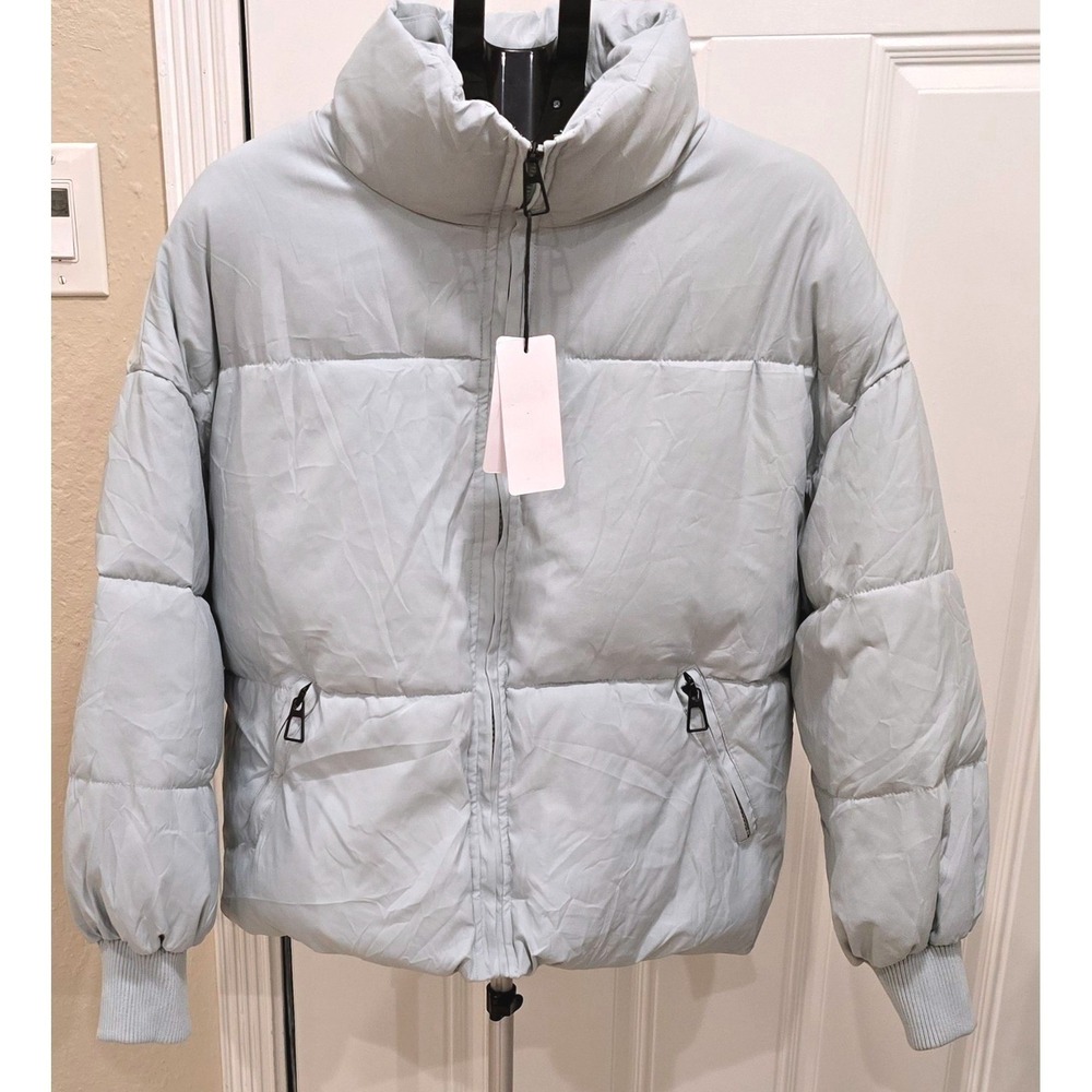 KYL Women's Winter Cropped Puffer Jacket Oversized Zip-UpQuilted Puffy Sz L Sage
